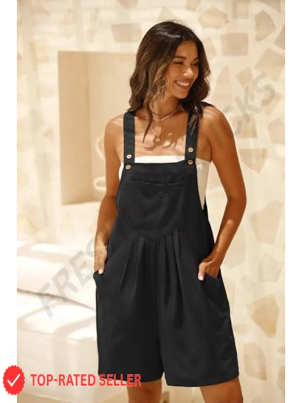 Sleeveless Square Neck Overalls with Pockets, Adjustable Straps, Loose Fit